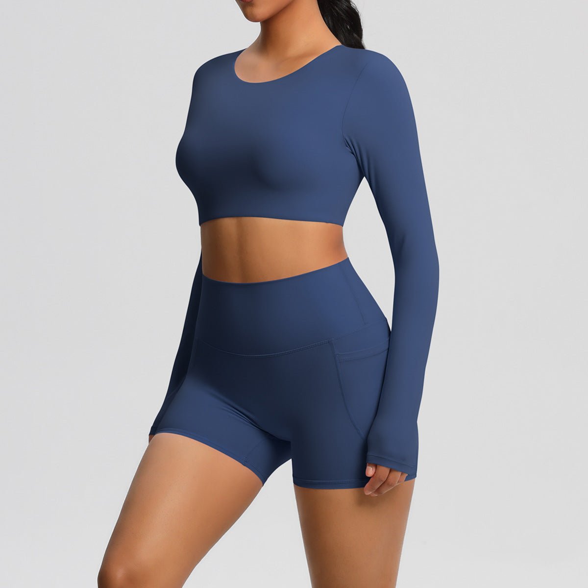 Brushed Long Sleeve Yoga Set with Pocket Shorts - Solbana