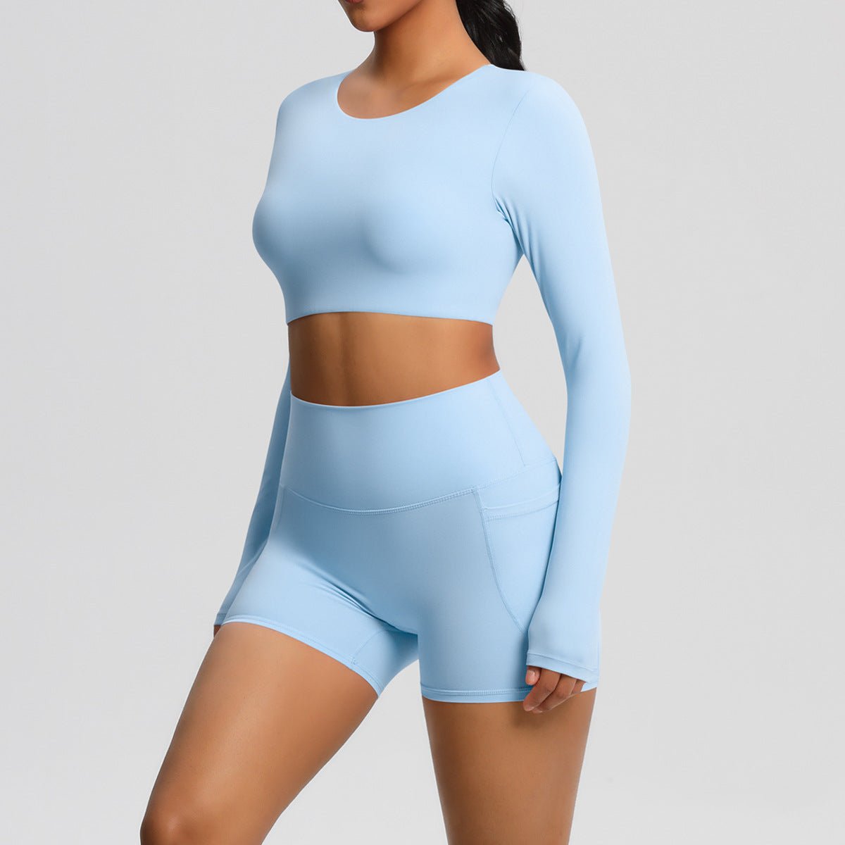Brushed Long Sleeve Yoga Set with Pocket Shorts - Solbana
