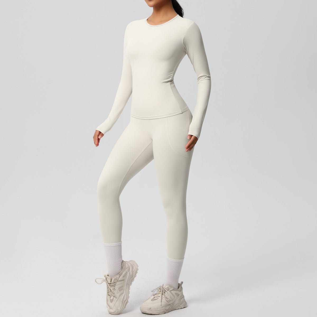 Solid Color Long Sleeve Pocket Yoga Set - Solbana