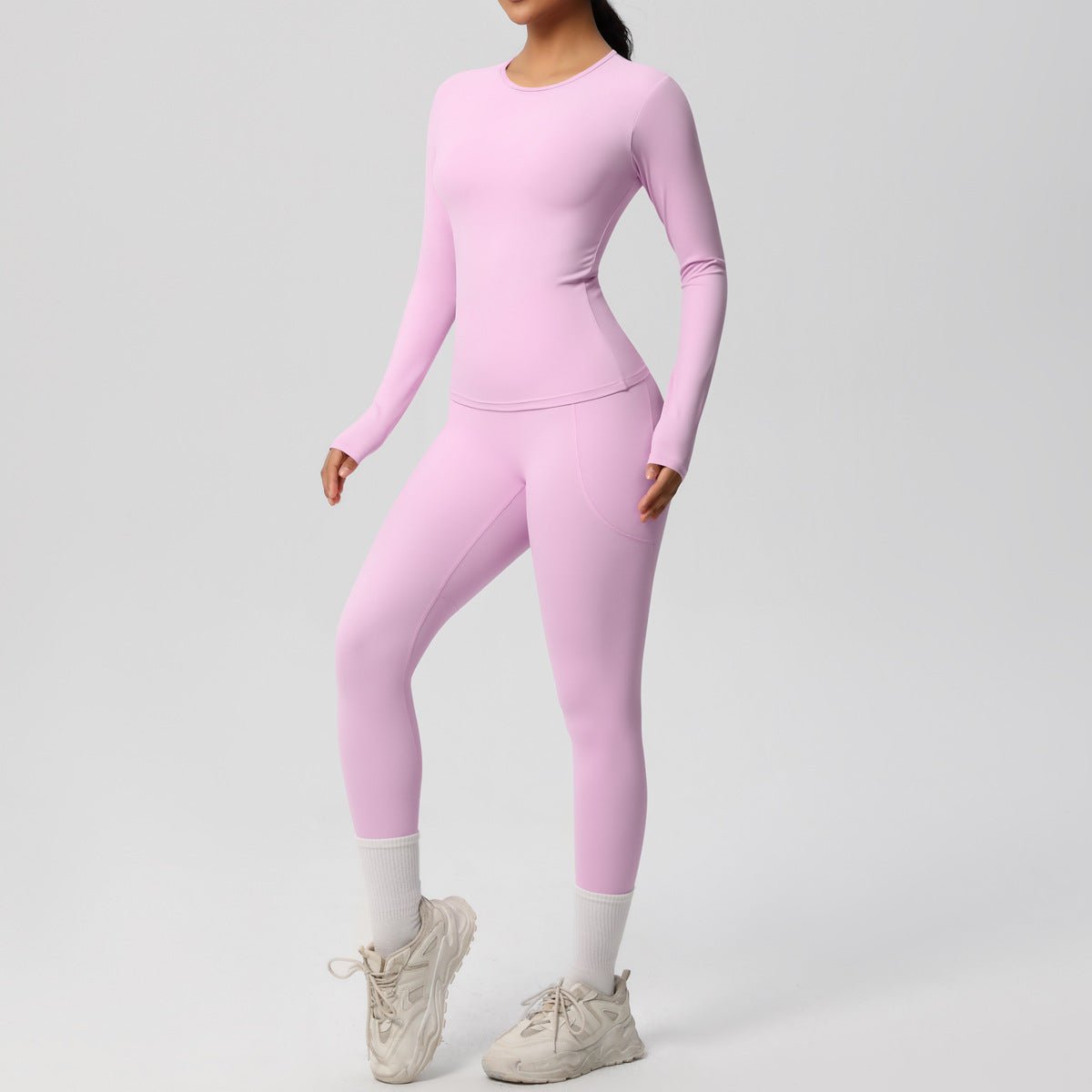 Solid Color Long Sleeve Pocket Yoga Set - Solbana