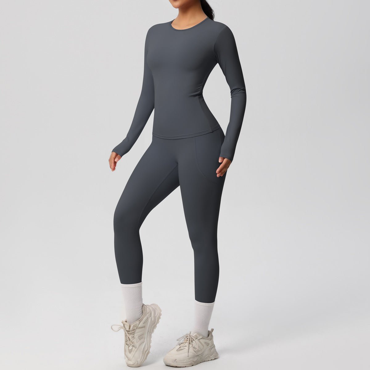 Solid Color Long Sleeve Pocket Yoga Set - Solbana