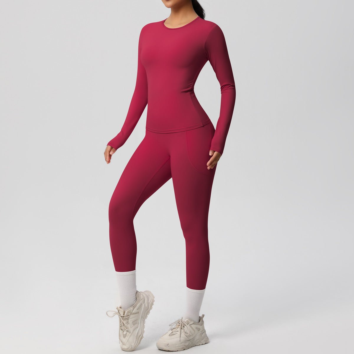 Solid Color Long Sleeve Pocket Yoga Set - Solbana