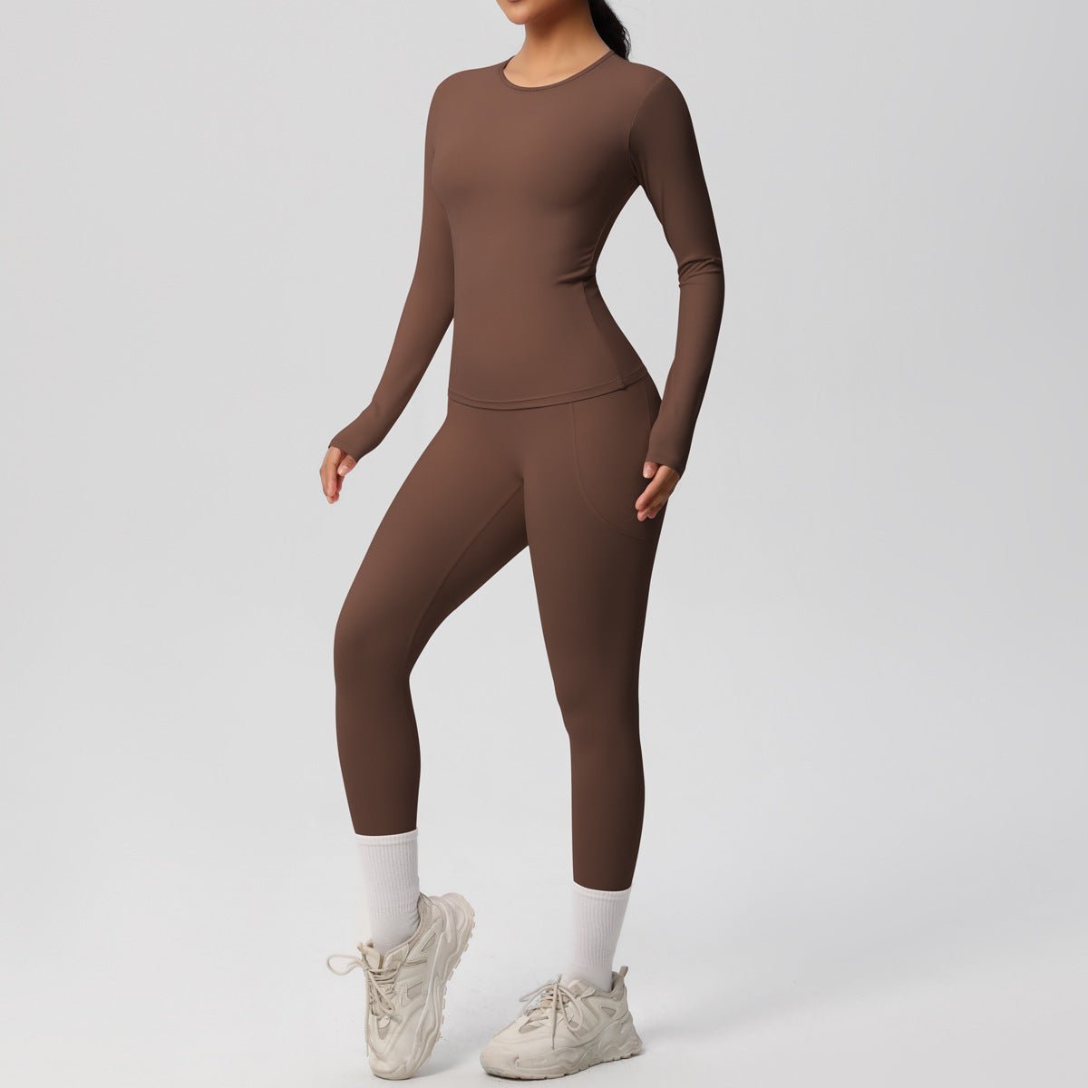 Solid Color Long Sleeve Pocket Yoga Set - Solbana