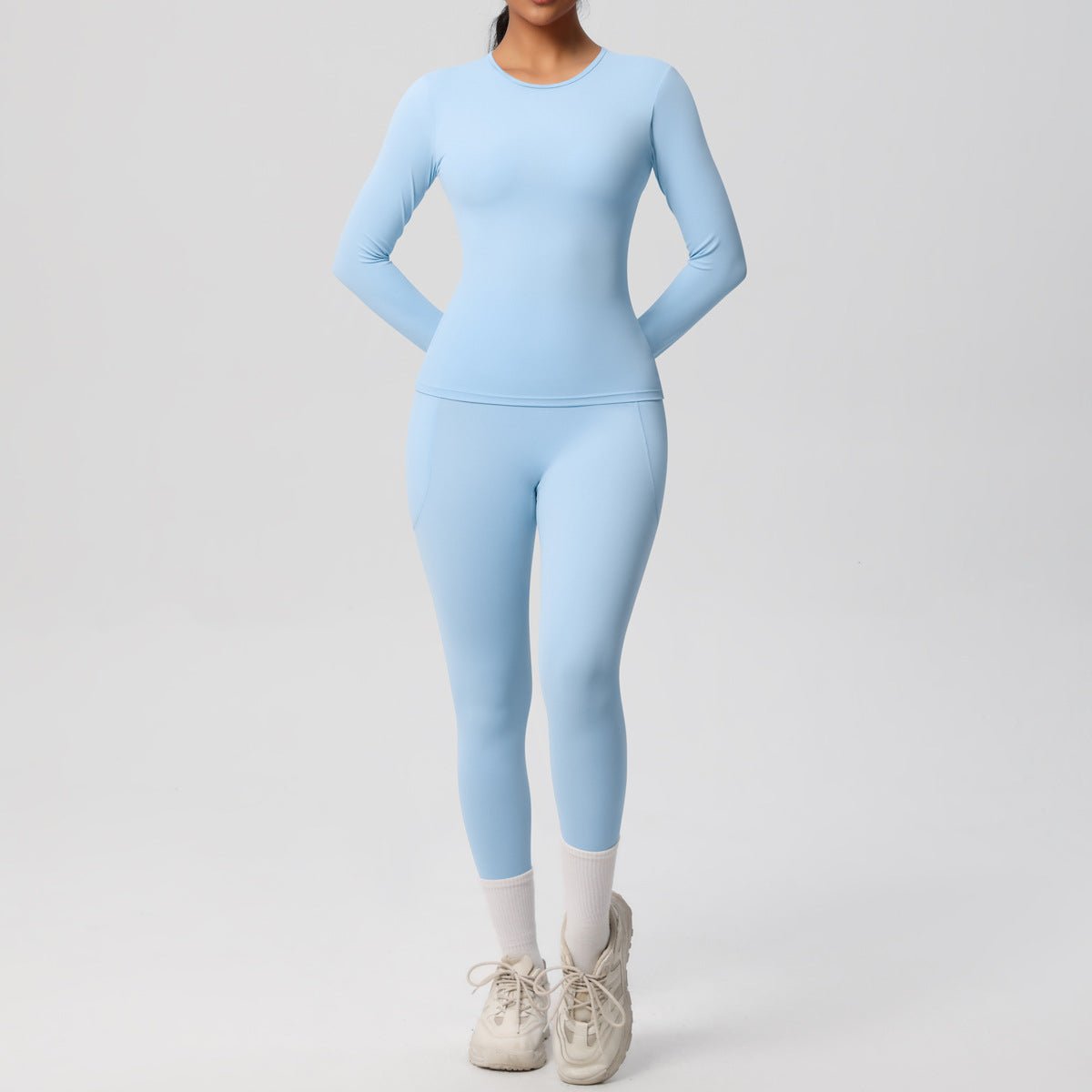 Solid Color Long Sleeve Pocket Yoga Set - Solbana