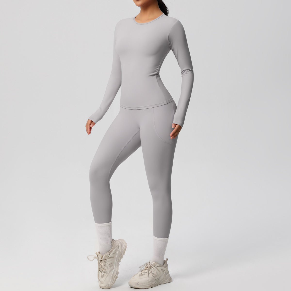 Solid Color Long Sleeve Pocket Yoga Set - Solbana