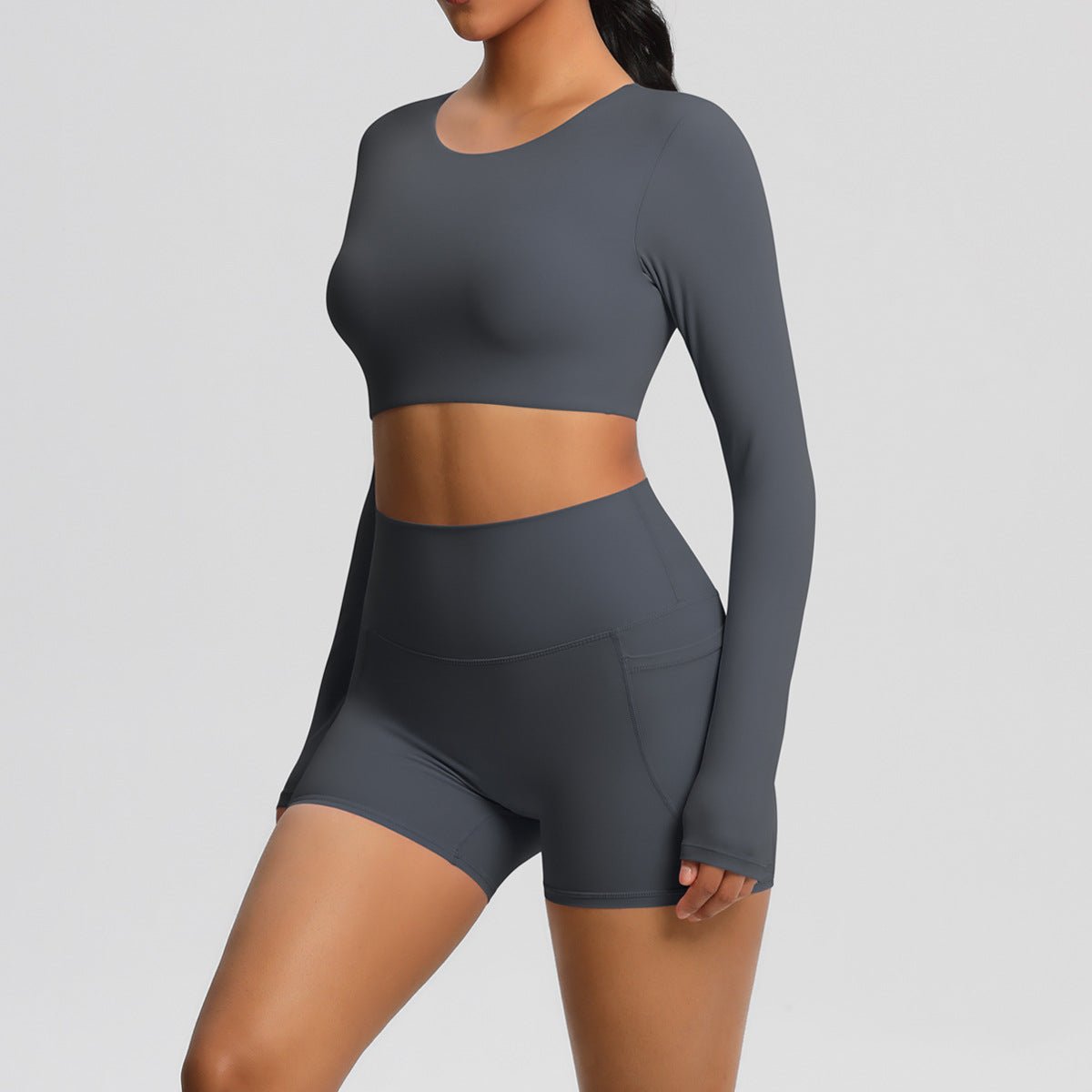 Brushed Long Sleeve Yoga Set with Pocket Shorts - Solbana