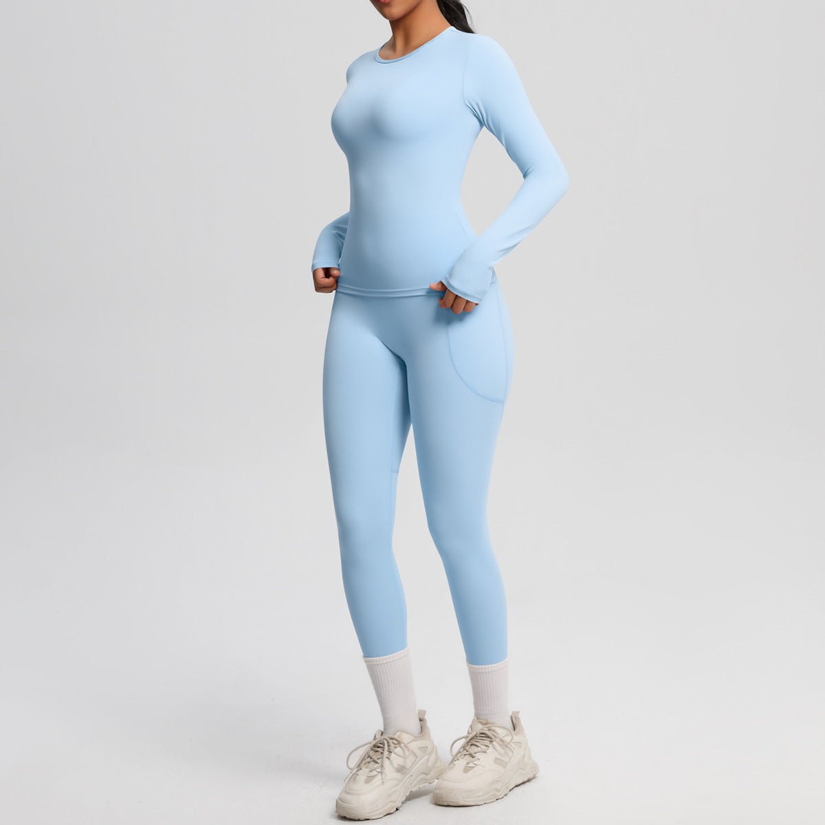 Solid Color Long Sleeve Pocket Yoga Set - Solbana