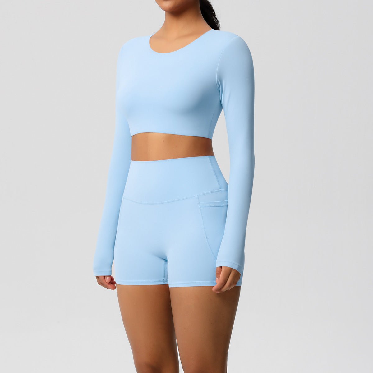 Brushed Long Sleeve Yoga Set with Pocket Shorts - Solbana