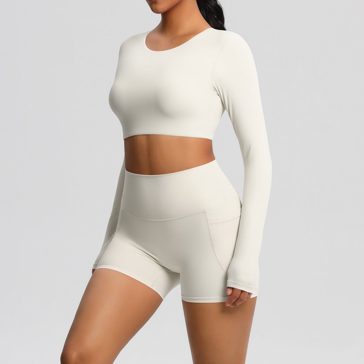 Brushed Long Sleeve Yoga Set with Pocket Shorts - Solbana