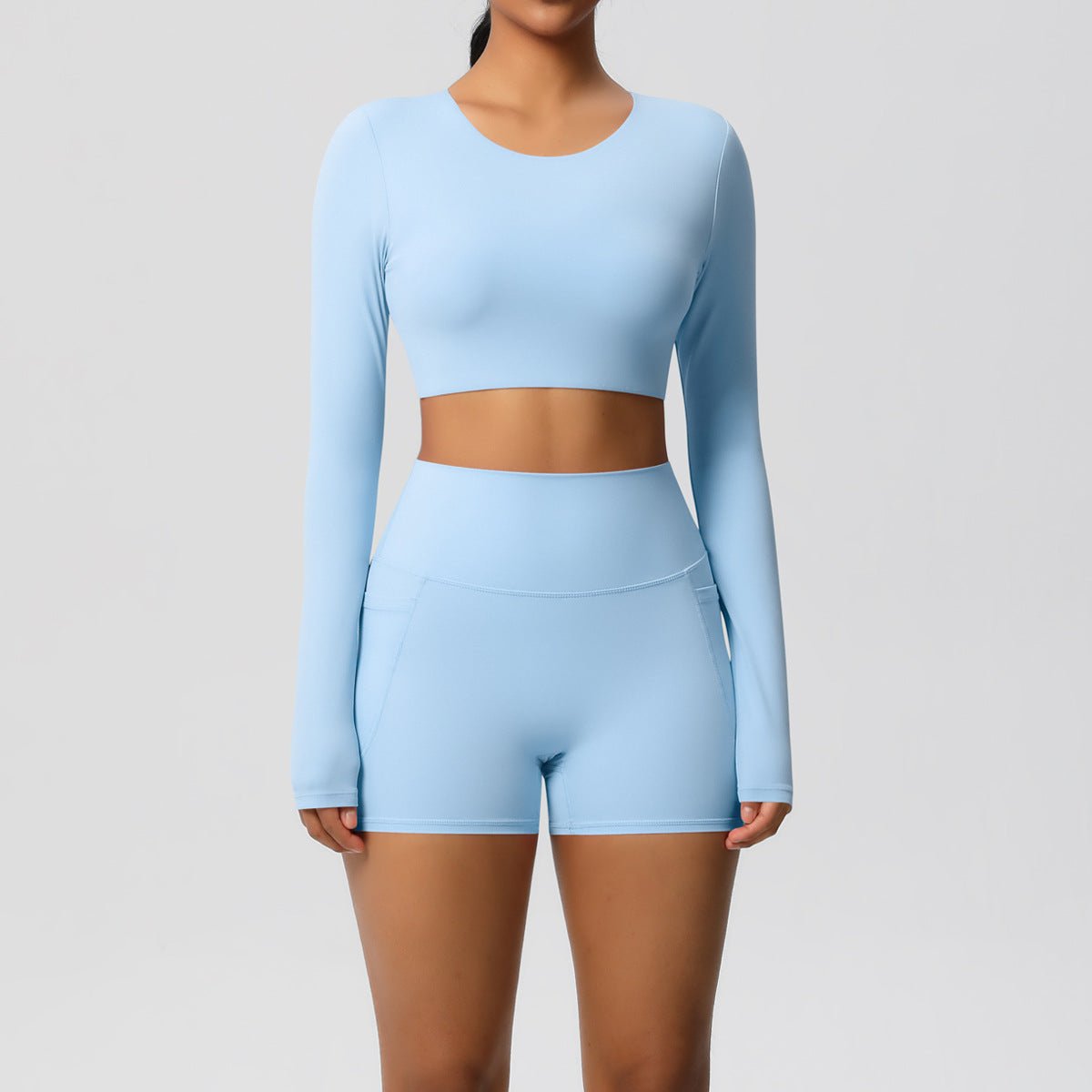 Brushed Long Sleeve Yoga Set with Pocket Shorts - Solbana