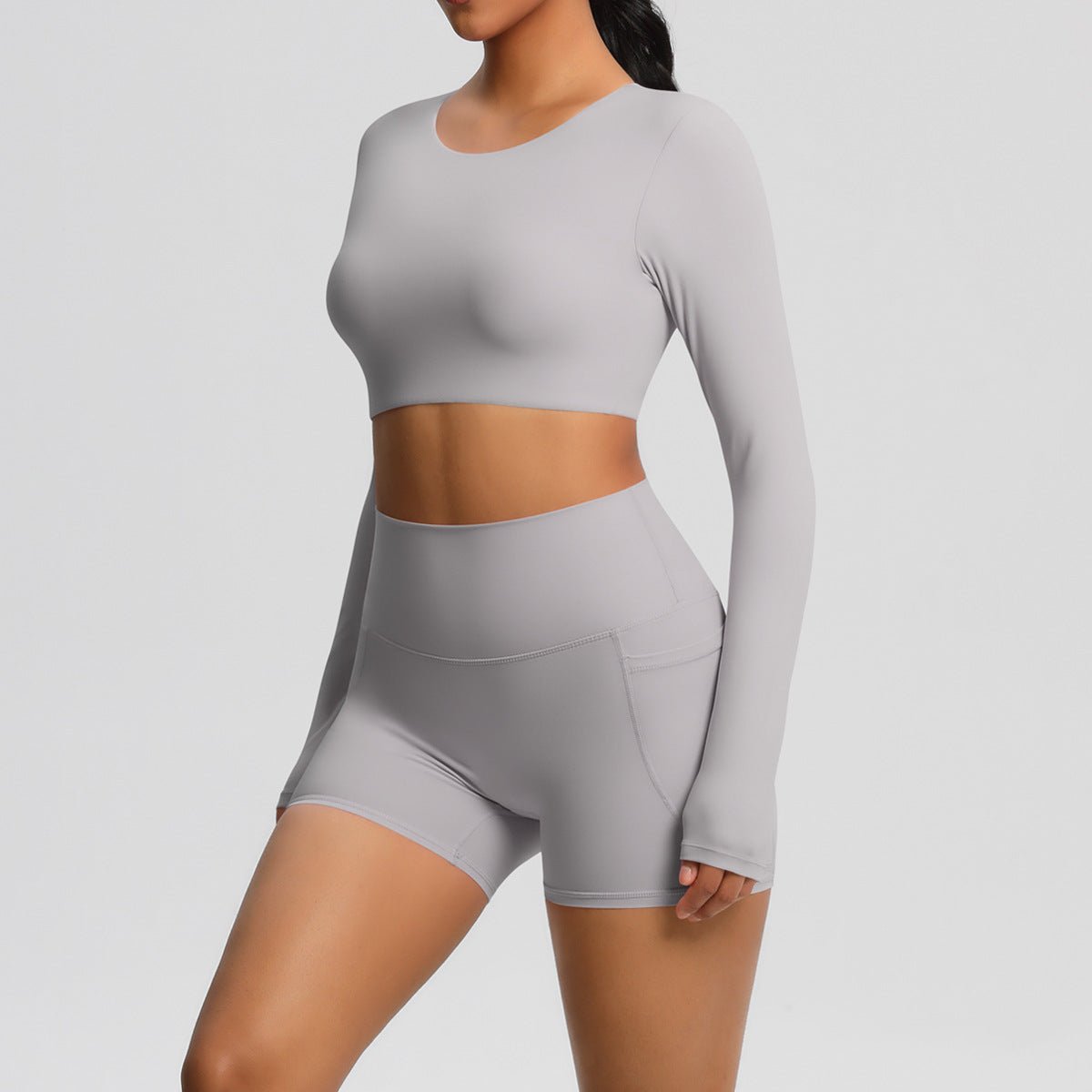 Brushed Long Sleeve Yoga Set with Pocket Shorts - Solbana