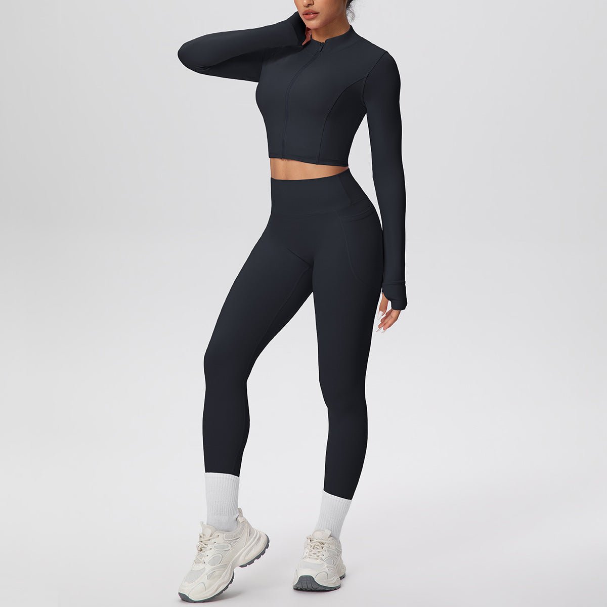 High Waist Nude Feel Yoga Set with Zip Jacket - Solbana