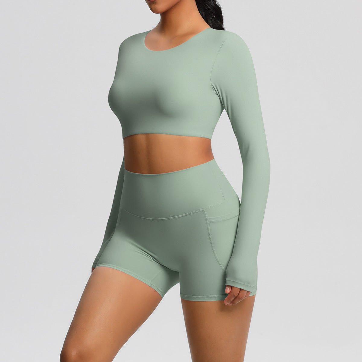 Brushed Long Sleeve Yoga Set with Pocket Shorts - Solbana