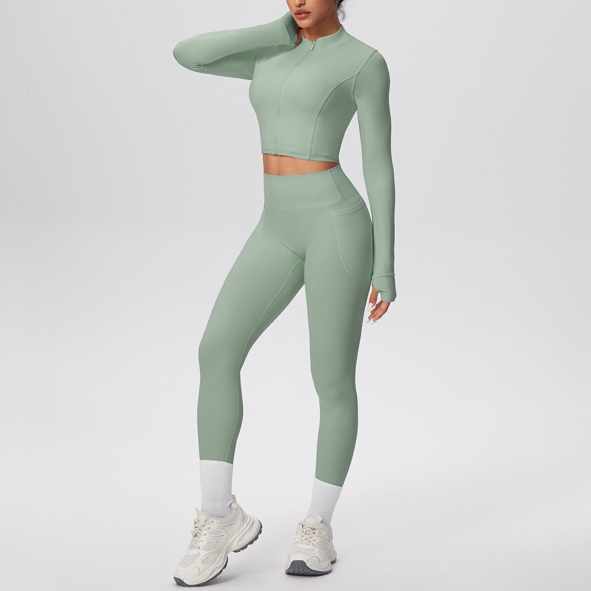 High Waist Nude Feel Yoga Set with Zip Jacket - Solbana
