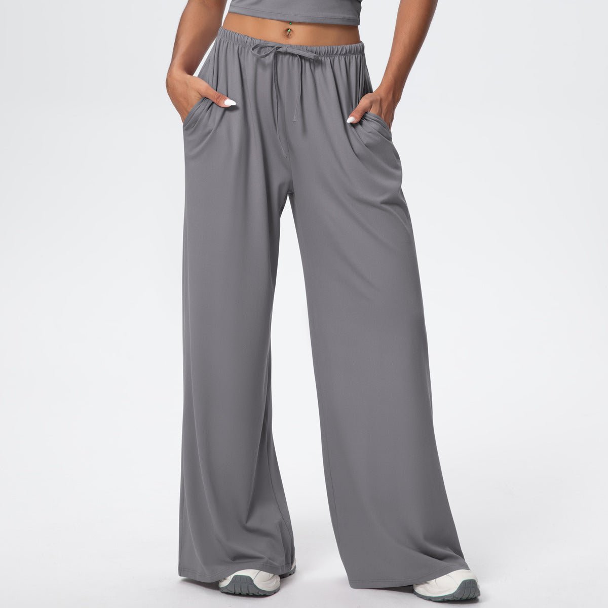 Brushed Wide Leg Drawstring Pants with Pockets - Solbana
