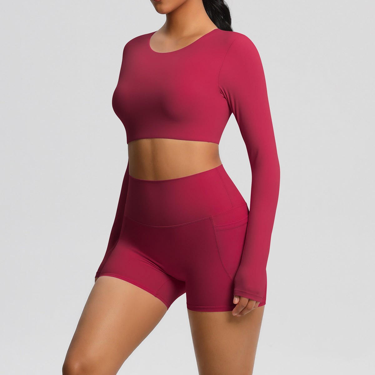 Brushed Long Sleeve Yoga Set with Pocket Shorts - Solbana