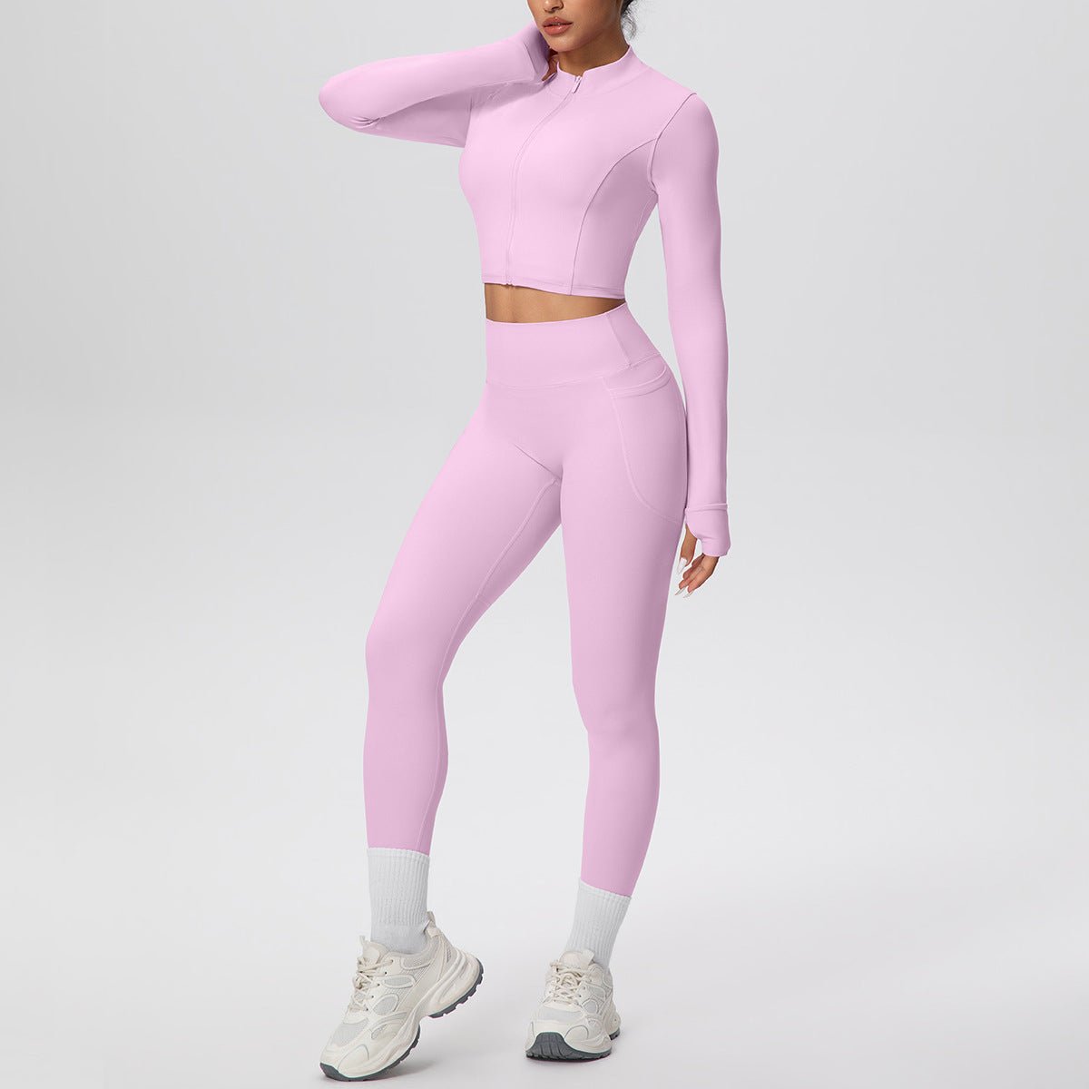High Waist Nude Feel Yoga Set with Zip Jacket - Solbana