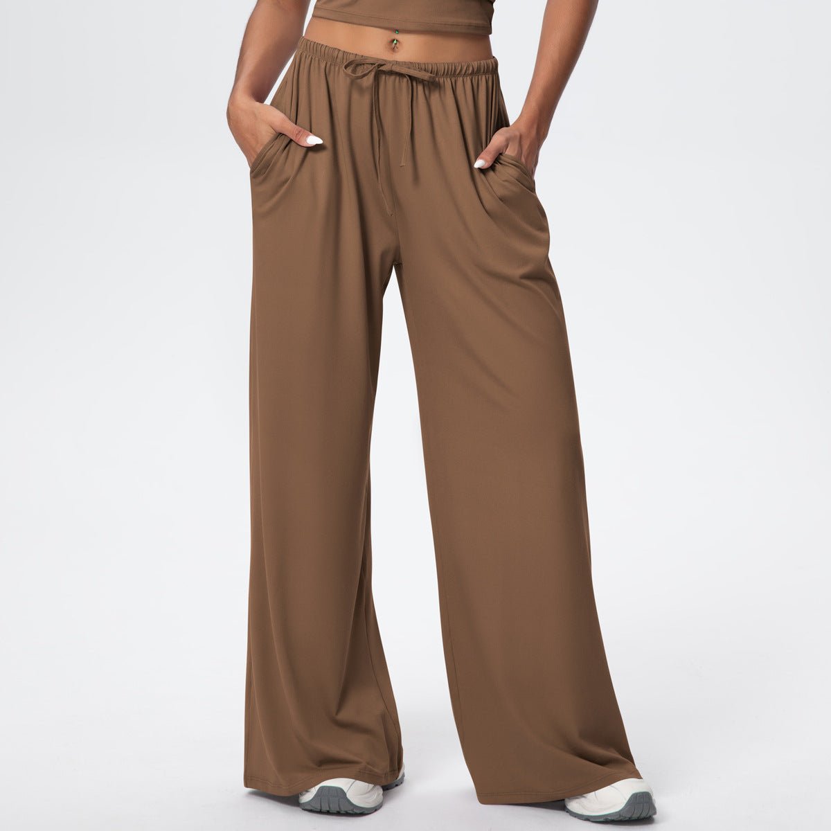 Brushed Wide Leg Drawstring Pants with Pockets - Solbana