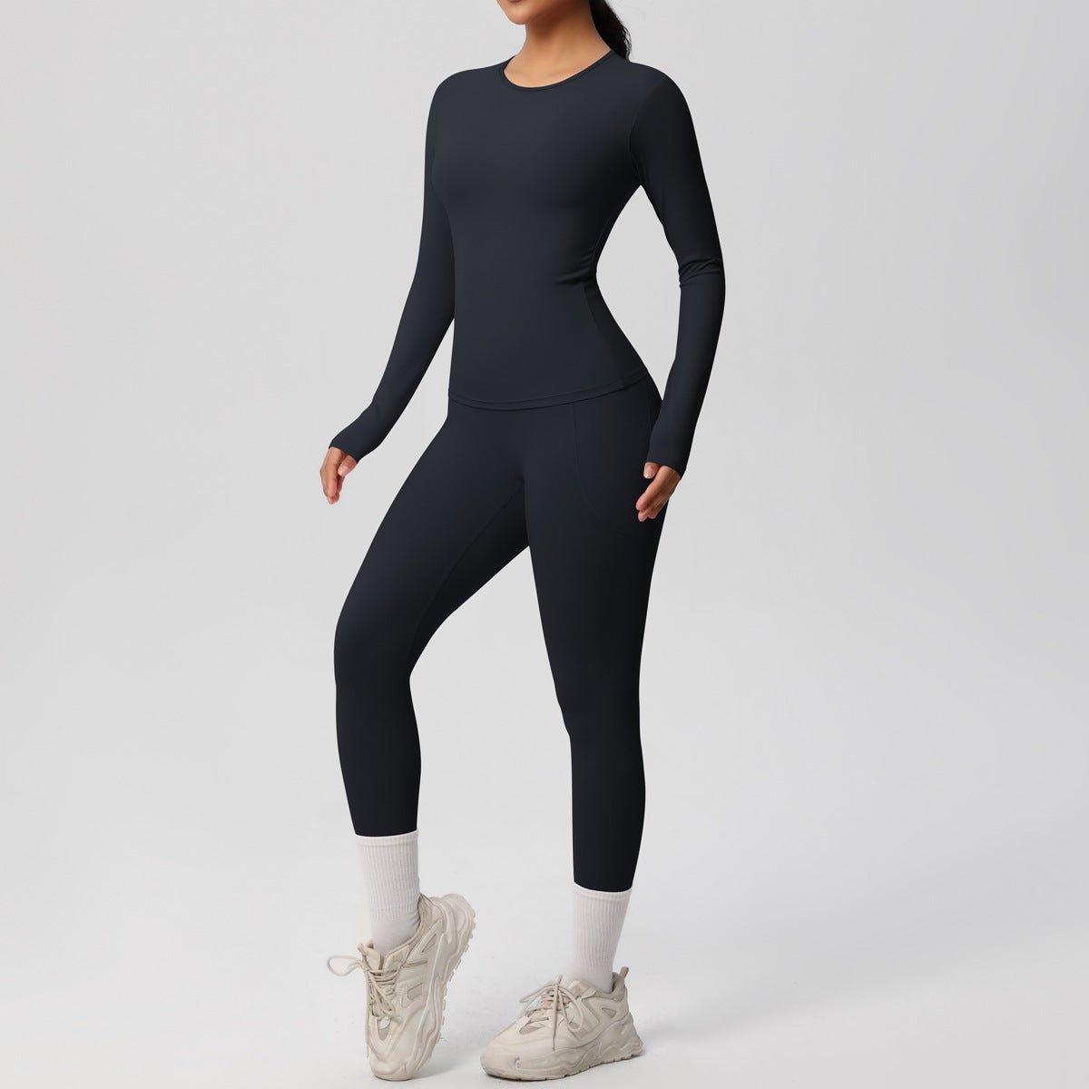 Solid Color Long Sleeve Pocket Yoga Set - Solbana