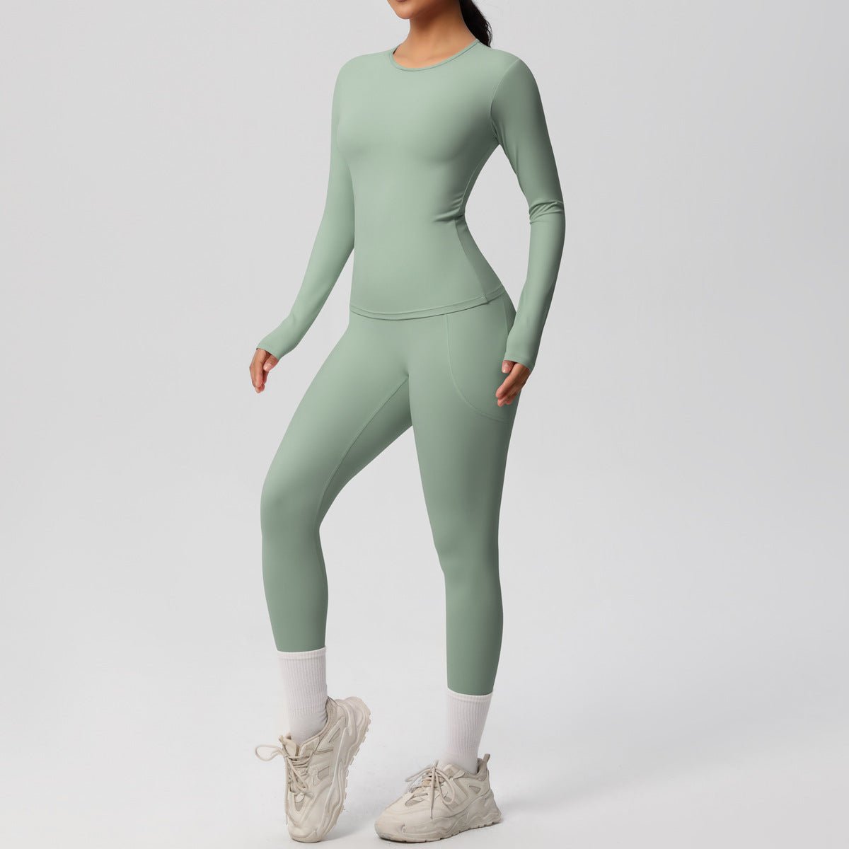 Solid Color Long Sleeve Pocket Yoga Set - Solbana
