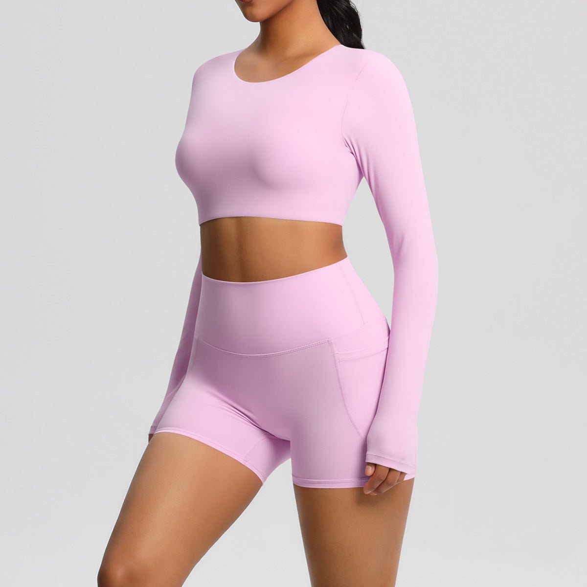 Brushed Long Sleeve Yoga Set with Pocket Shorts - Solbana