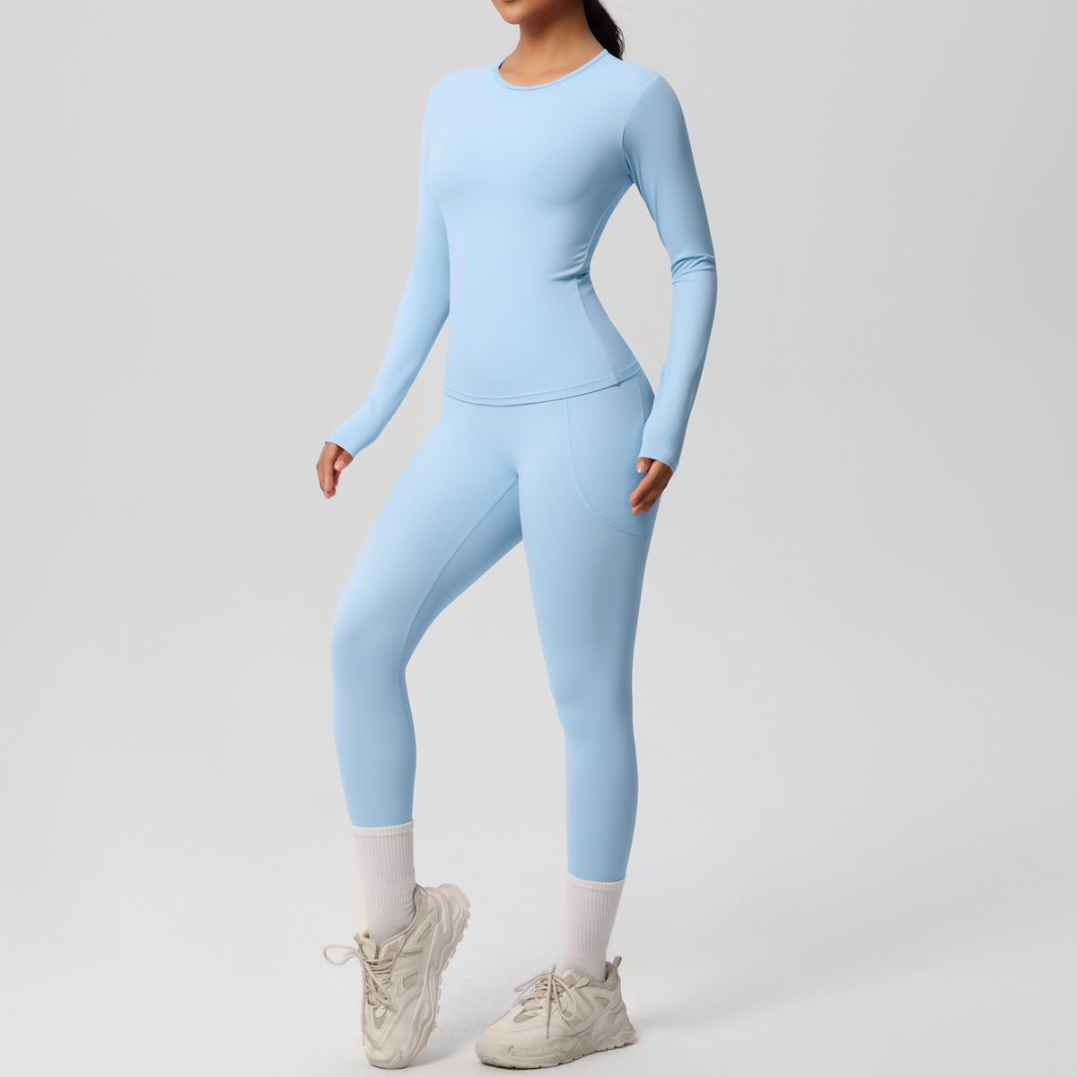 Solid Color Long Sleeve Pocket Yoga Set - Solbana