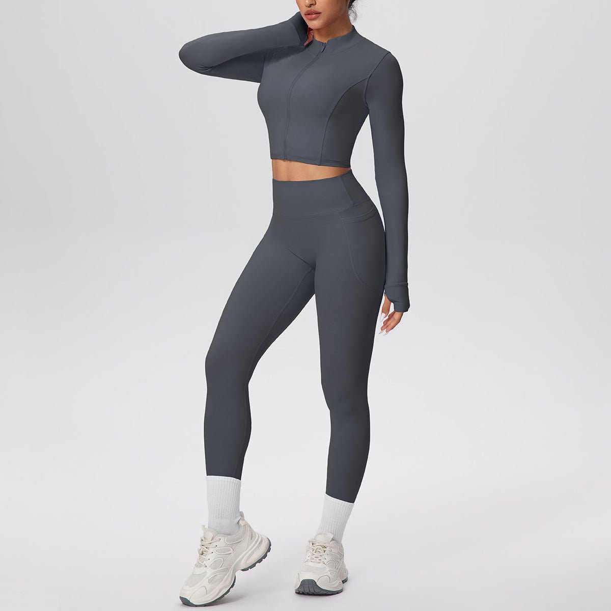 High Waist Nude Feel Yoga Set with Zip Jacket - Solbana