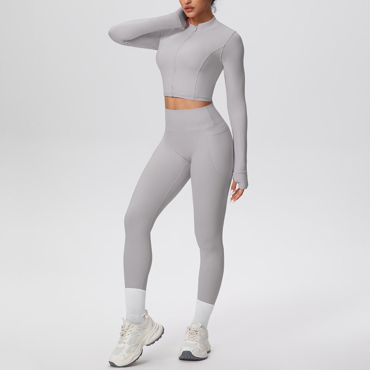 High Waist Nude Feel Yoga Set with Zip Jacket - Solbana