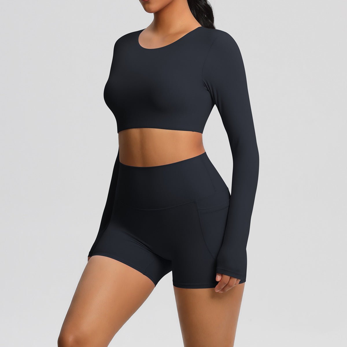 Brushed Long Sleeve Yoga Set with Pocket Shorts - Solbana