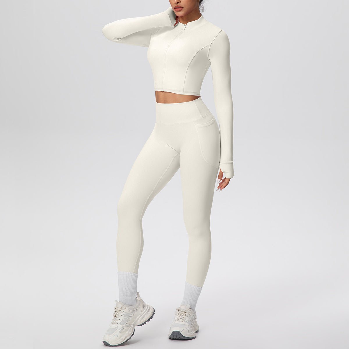 High Waist Nude Feel Yoga Set with Zip Jacket - Solbana