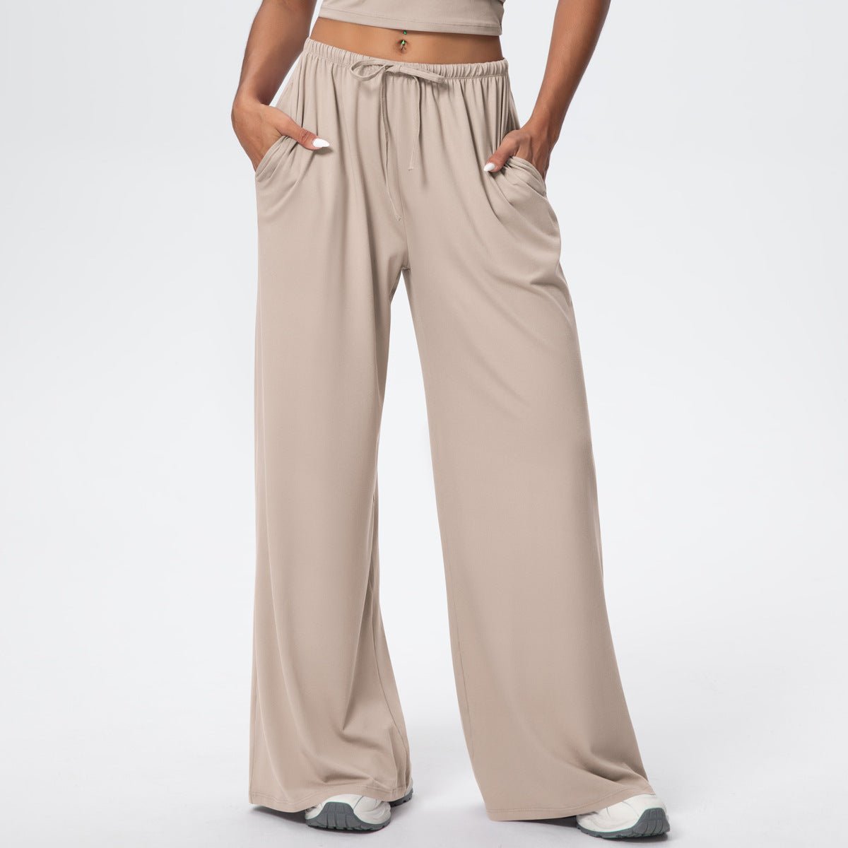 Brushed Wide Leg Drawstring Pants with Pockets - Solbana