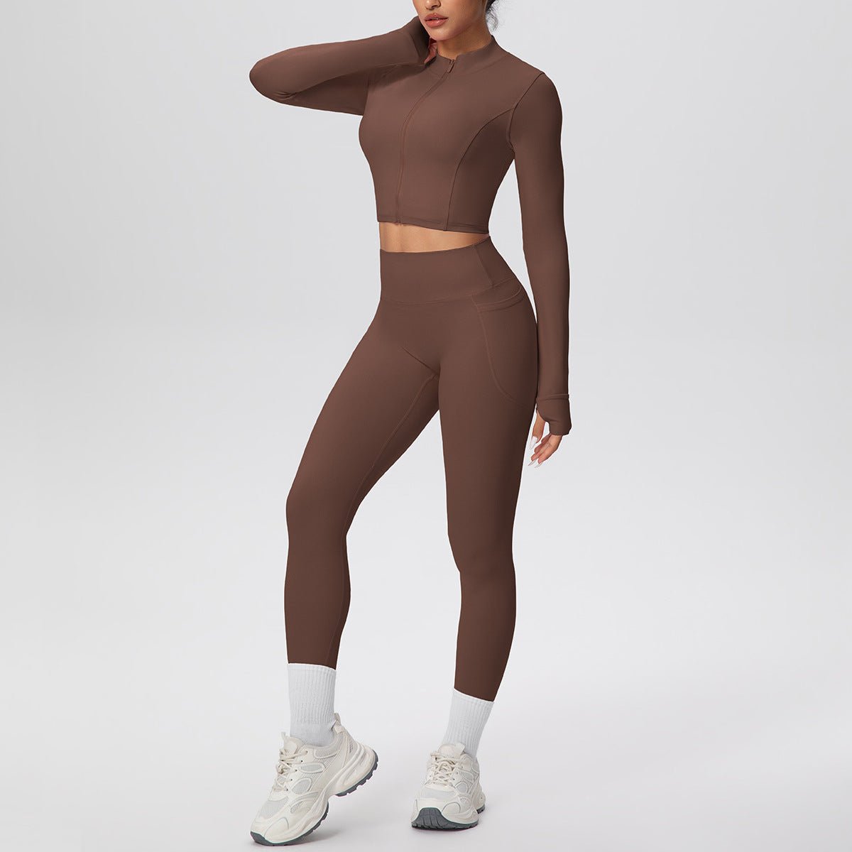 High Waist Nude Feel Yoga Set with Zip Jacket - Solbana