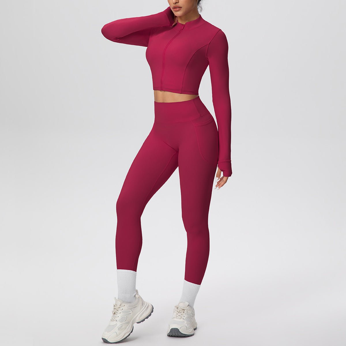 High Waist Nude Feel Yoga Set with Zip Jacket - Solbana