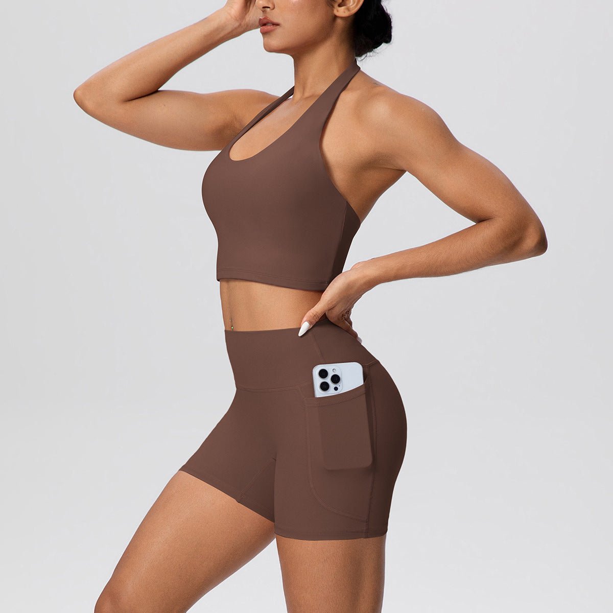 Halter Sports Bra and Pocket Shorts Yoga Set - Solbana